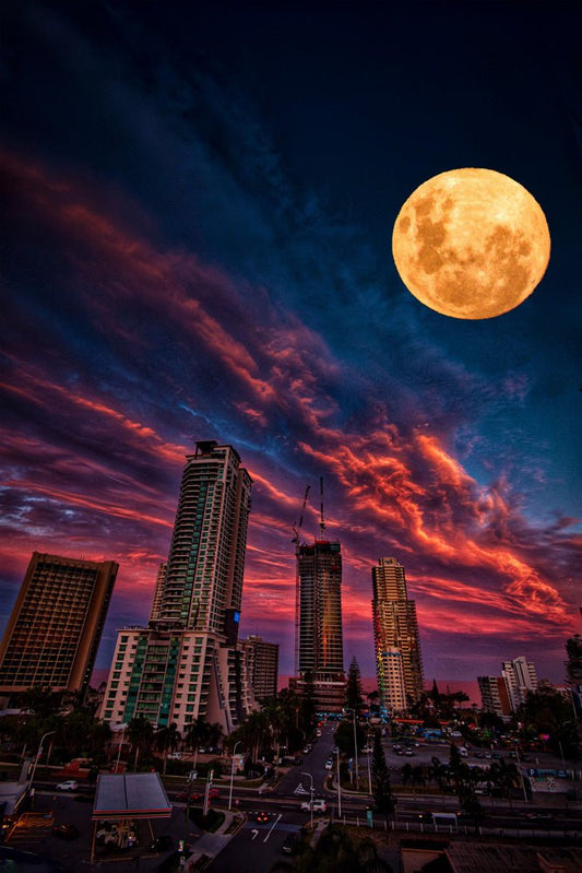 Full Moon Over City Plexi Glass Wall Art - Ben Mulder Photography - V1 Tech