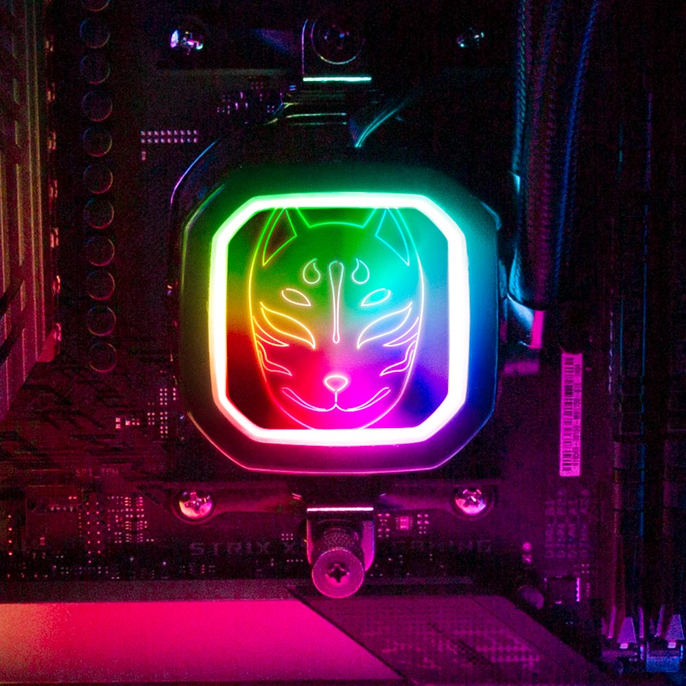 Neon Kitsune Mask AIO Cover for Corsair RGB Hydro Platinum and Pro Series (H100i, H115i, H150i, H100X, XT, X, SE, H60) - Donnie Art - V1Tech
