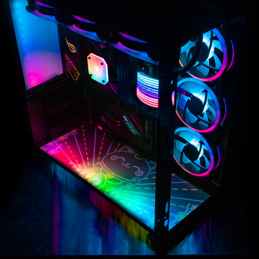 Neon Maneki Neko Lian Li O11 Dynamic and XL Bottom Panel Plate Cover with ARGB LED Lighting - Donnie Art - V1Tech