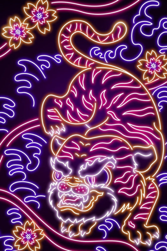 Neon Samurai Tiger Scene 2 Plexi Glass Wall Art - Donnie Art - V1Tech