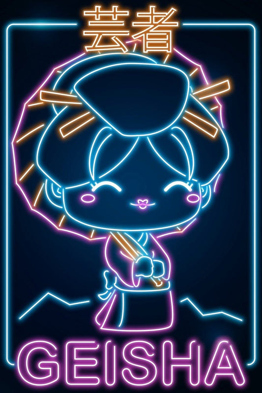 Retro Neon Chibi Geisha Plexi Glass Wall Art - Donnie Art - V1Tech