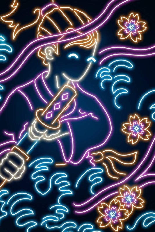 Retro Neon Samurai Tiger Scene 1 Plexi Glass Wall Art - Donnie Art - V1Tech