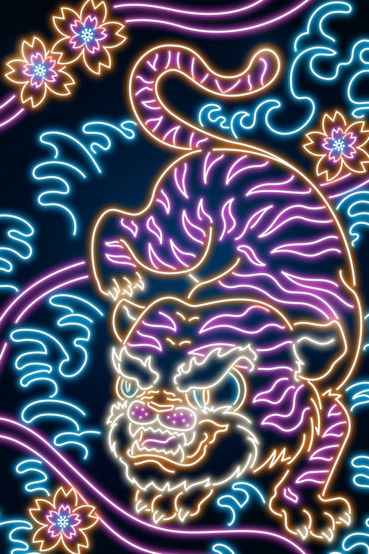 Retro Neon Samurai Tiger Scene 2 Plexi Glass Wall Art - Donnie Art - V1Tech