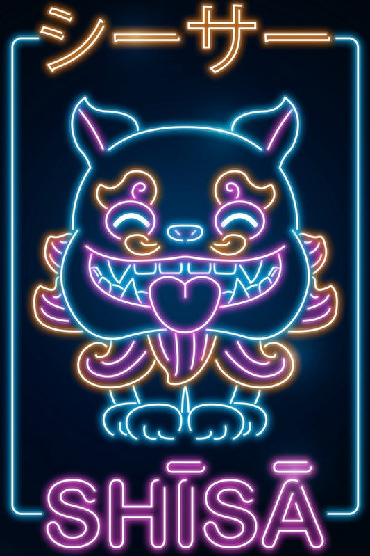 Retro Neon Smiling Shisa Plexi Glass Wall Art - Donnie Art - V1Tech
