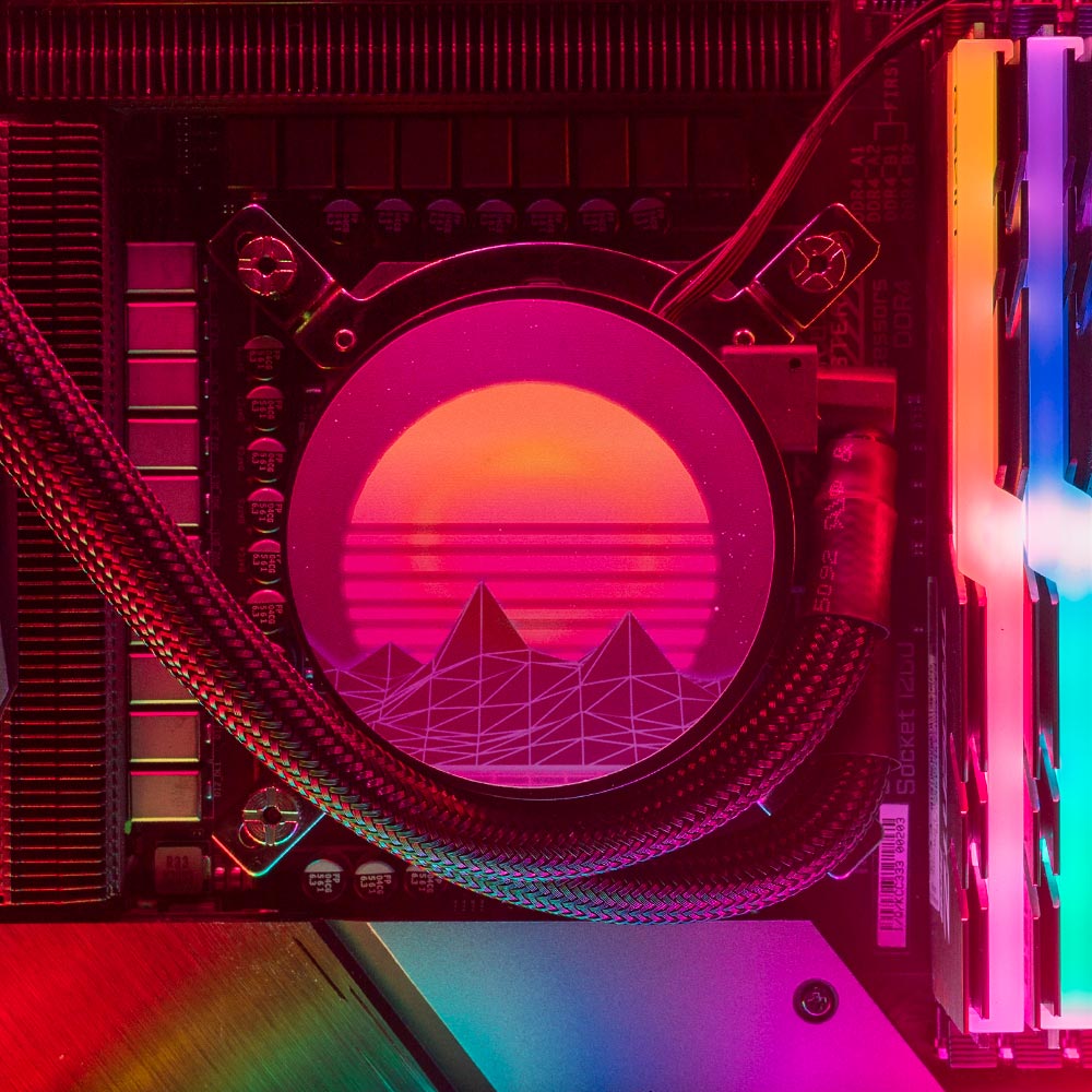 Synthwave Sunset AIO Cover for CoolerMaster MasterLiquid ML120L RGB V2 and ML360P Silver Edition ARGB - V1Tech