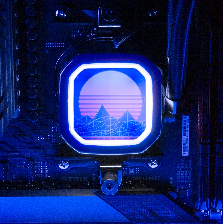 Synthwave Sunset AIO Cover for Corsair RGB Hydro Platinum and Pro Series (H100i, H115i, H150i, H100X, XT, X, SE, H60) - V1Tech