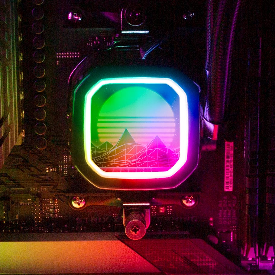 Synthwave Sunset AIO Cover for Corsair RGB Hydro Platinum and Pro Series (H100i, H115i, H150i, H100X, XT, X, SE, H60) - V1Tech